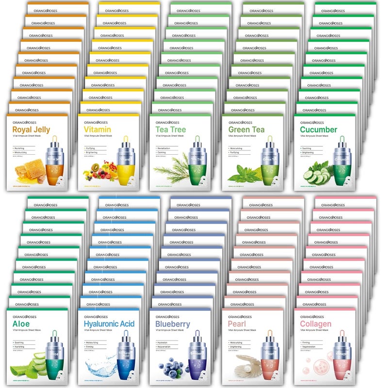 Orangeroses 100 Pcs Combo Pack Premium Korean Essence Facial Mask Sheet 10 Types x 10 pcs