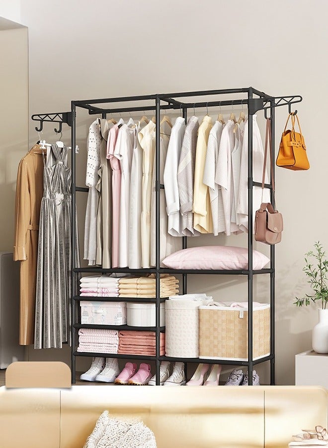XiuWoo 3-in-1 Garment Rack for Hanging Clothes, Black Metal Double Row Clothes Rack with Hooks, Multi-Functional Floor Standing Storage Organizer for Bedroom, Hallway, Entryway - Image 1