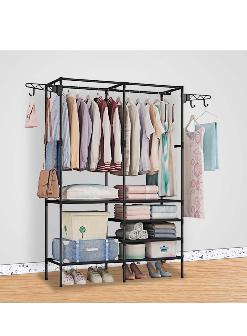 XiuWoo 3-in-1 Garment Rack for Hanging Clothes, Black Metal Double Row Clothes Rack with Hooks, Multi-Functional Floor Standing Storage Organizer for Bedroom, Hallway, Entryway - Image 2