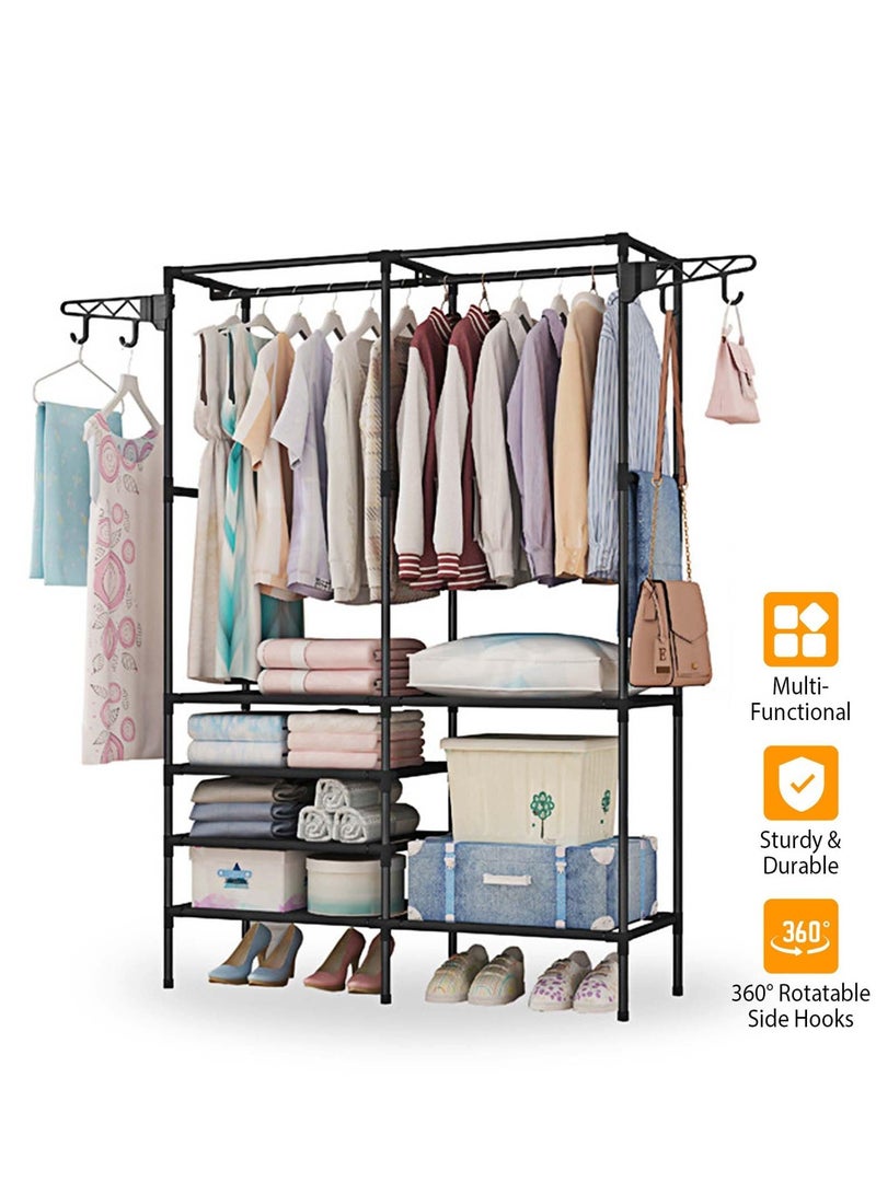 XiuWoo 3-in-1 Garment Rack for Hanging Clothes, Black Metal Double Row Clothes Rack with Hooks, Multi-Functional Floor Standing Storage Organizer for Bedroom, Hallway, Entryway - Image 3