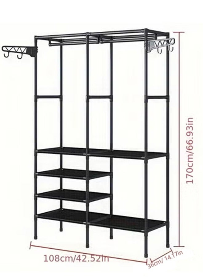 XiuWoo 3-in-1 Garment Rack for Hanging Clothes, Black Metal Double Row Clothes Rack with Hooks, Multi-Functional Floor Standing Storage Organizer for Bedroom, Hallway, Entryway - Image 5