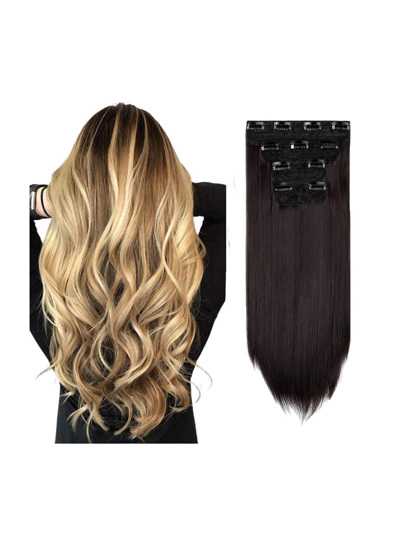 إستيل وصلات شعر من 4 قطع 11 مشابك شعر مستقيمة سميكة كاملة الرأس مزدوجة اللحمة على وصلات إطالة الشعر الاصطناعية للنساء بني داكن مستقيم - Image 1