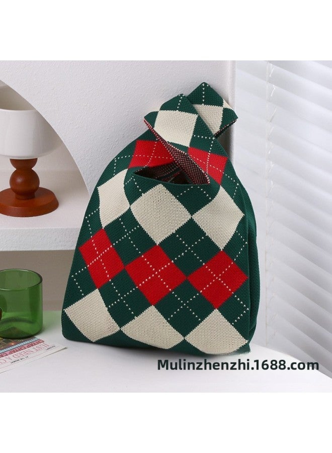 Year Red Festive Accompanying Ceremony Knitted Bag Women's Auspicious Ruyi Handbag Vacant Bag All-match Persimmon Tote Bag-Color:Diamond Grid-Size:20*36 - Image 1