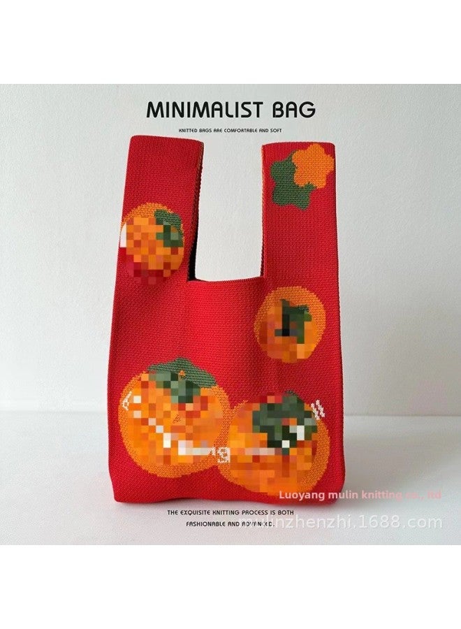 Year Red Festive Accompanying Ceremony Knitted Bag Women's Auspicious Ruyi Handbag Vacant Bag All-match Persimmon Tote Bag-Color:Diamond Grid-Size:20*36 - Image 4