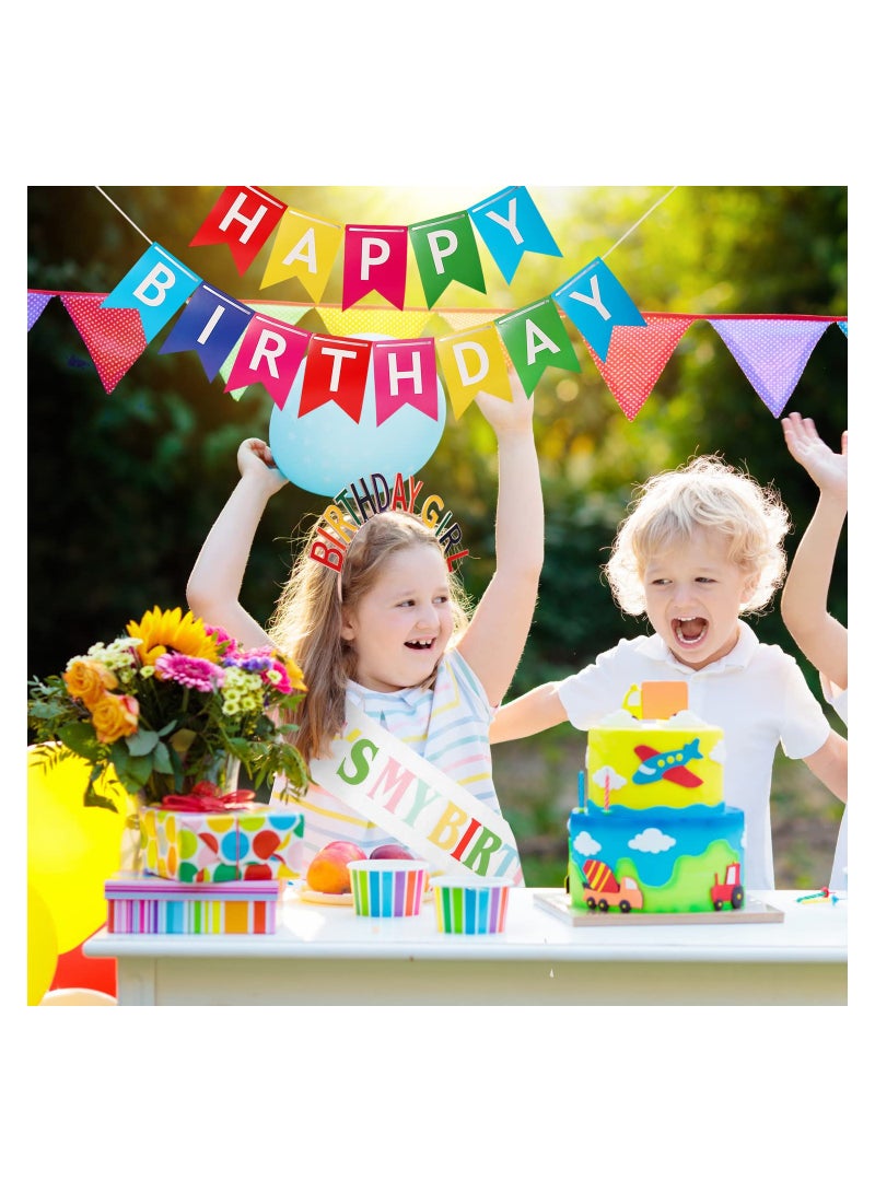 SOLARAE Birthday Decorations Set for Women Girls, Headband Sash and Banner, Crown Rainbow Birthday Ornament, Happy Birthday Girl Headband Hair Accessories, 3 Pcs - Image 2