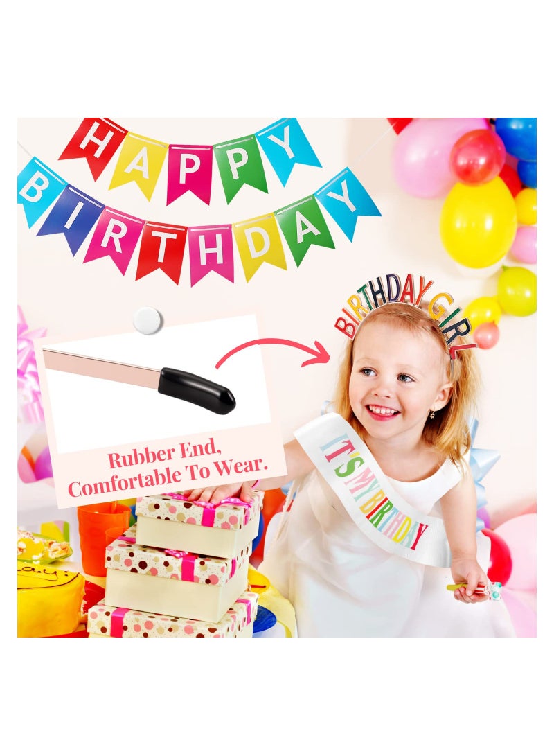 SOLARAE Birthday Decorations Set for Women Girls, Headband Sash and Banner, Crown Rainbow Birthday Ornament, Happy Birthday Girl Headband Hair Accessories, 3 Pcs - Image 4
