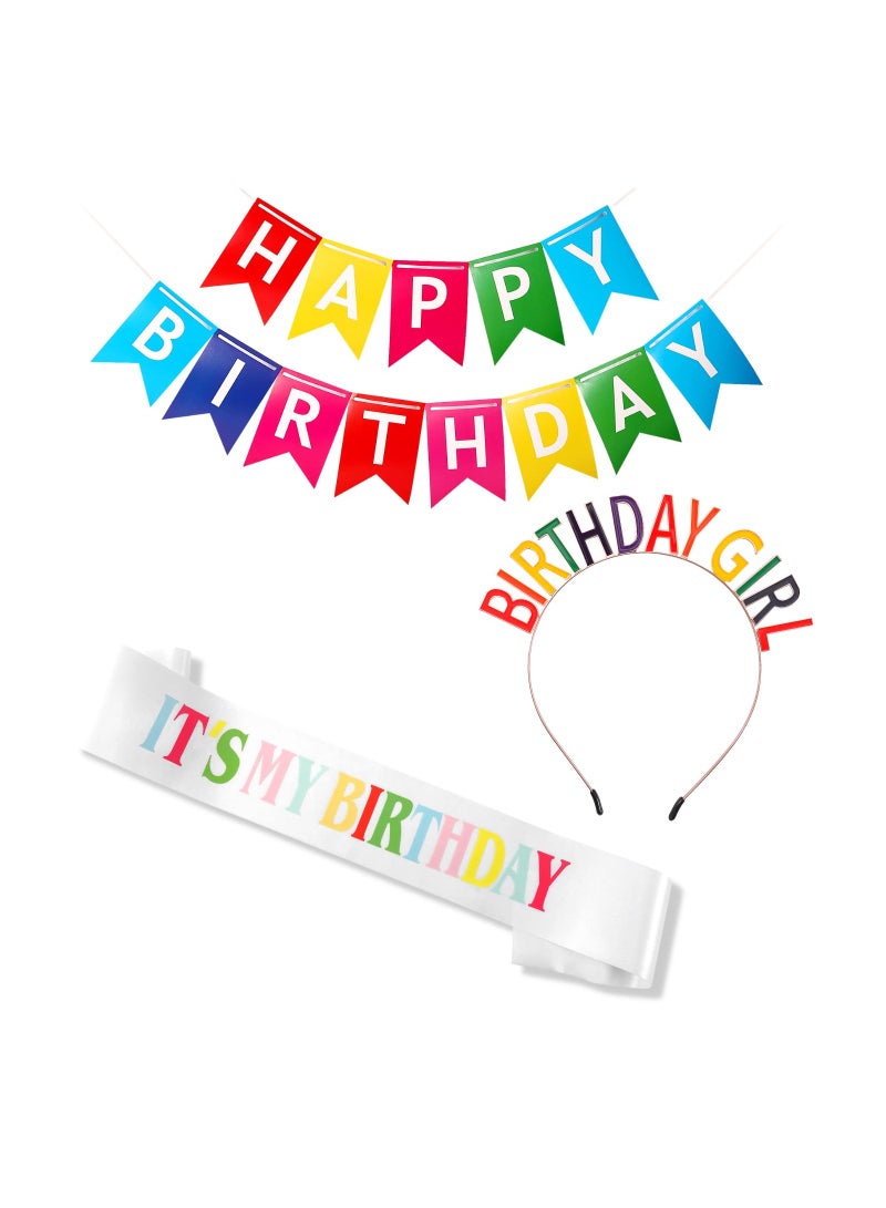 SOLARAE Birthday Decorations Set for Women Girls, Headband Sash and Banner, Crown Rainbow Birthday Ornament, Happy Birthday Girl Headband Hair Accessories, 3 Pcs - Image 1