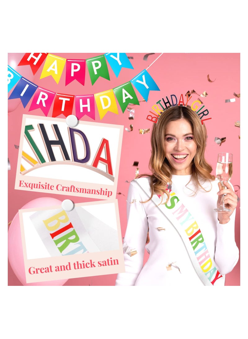 SOLARAE Birthday Decorations Set for Women Girls, Headband Sash and Banner, Crown Rainbow Birthday Ornament, Happy Birthday Girl Headband Hair Accessories, 3 Pcs - Image 3