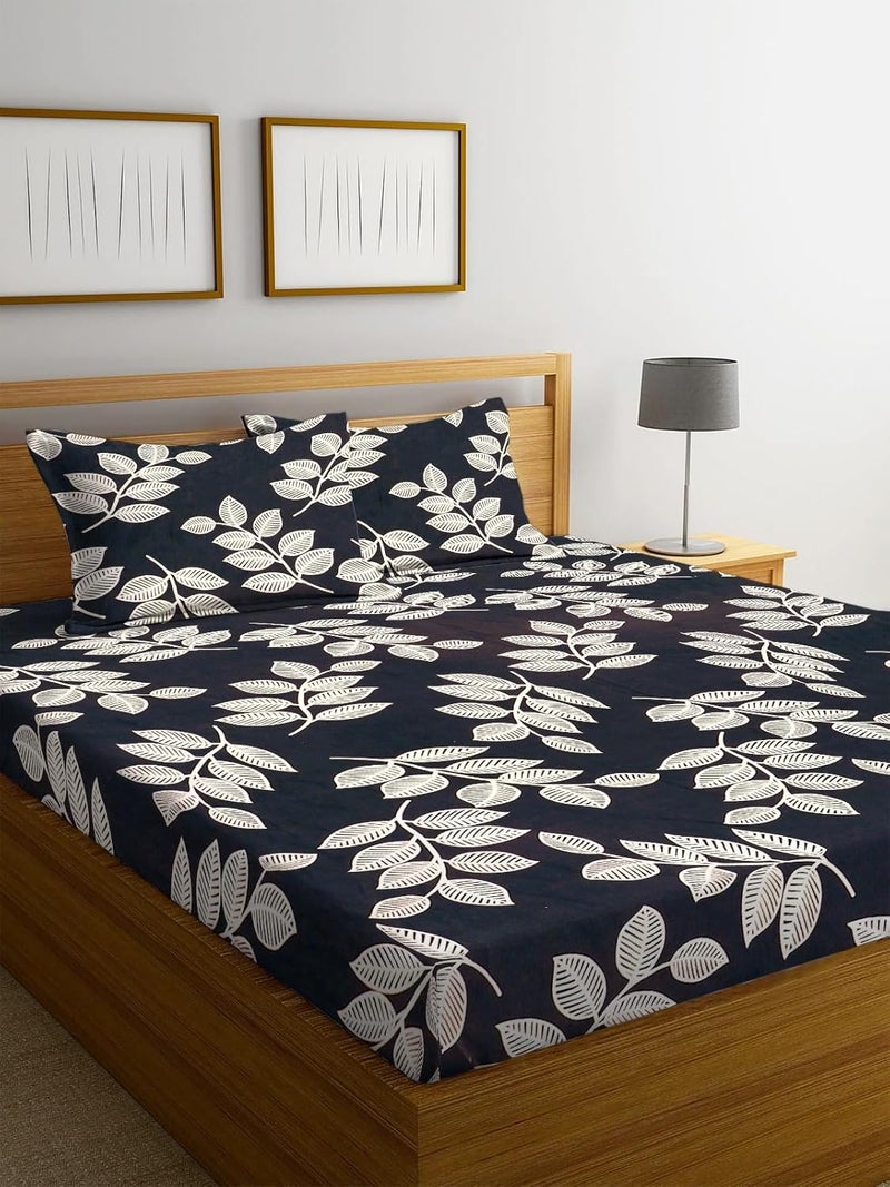 New Leaf أغطية سرير قطنية مرنة فاخرة مع 2 غطاء وسادة بحجم كينغ | سرير مزدوج مع مرونة من جميع الجوانب 220 TC سوبر سوفت | الحجم - 72 كينغ سايز × 78 + 10 بوصة | مزخرفة، أسود وأبيض - Image 2