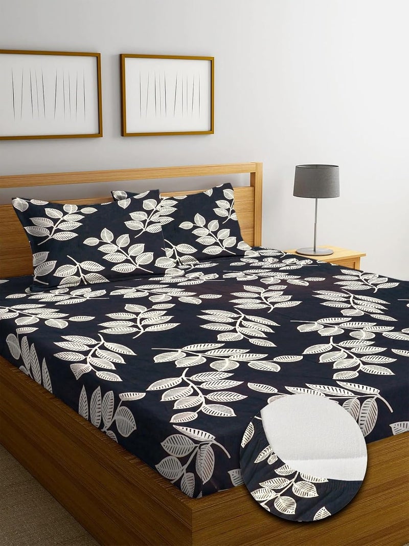 New Leaf أغطية سرير قطنية مرنة فاخرة مع 2 غطاء وسادة بحجم كينغ | سرير مزدوج مع مرونة من جميع الجوانب 220 TC سوبر سوفت | الحجم - 72 كينغ سايز × 78 + 10 بوصة | مزخرفة، أسود وأبيض - Image 1