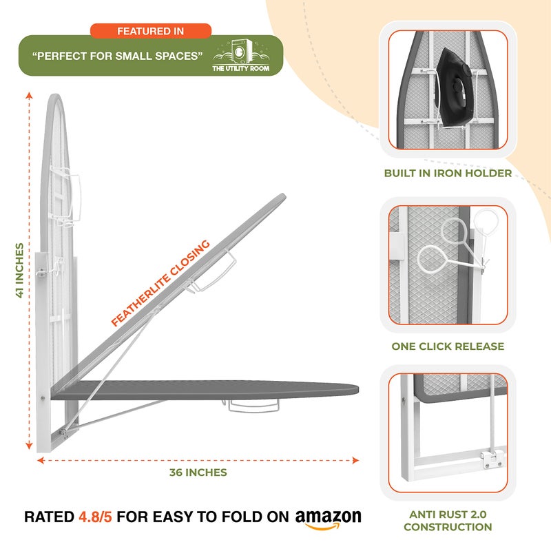 Xabitat Wall Mounted Ironing Board with Iron Holder, 36.2" X 12.2" Compact Mount Fold Down Iron Board for Small Spaces, Space Saving with Cotton Fabric Cover, White and Grey - Image 4