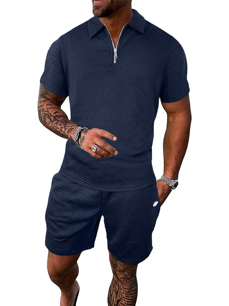 PLEPAN Men's Sets 2 Piece Summer Casual Outfits Polo Short Sleeve Shirts & Shorts Track Suit Jogging Loungewear Dark Blue M - Image 1