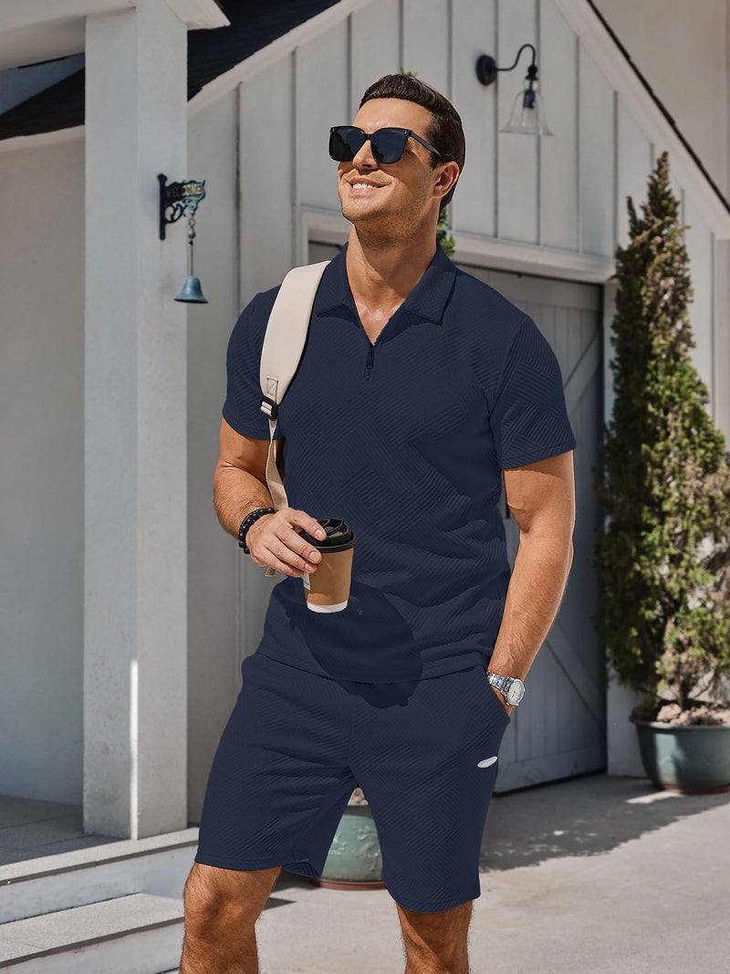 PLEPAN Men's Sets 2 Piece Summer Casual Outfits Polo Short Sleeve Shirts & Shorts Track Suit Jogging Loungewear Dark Blue M - Image 3
