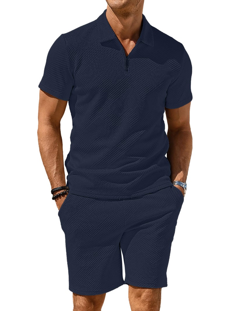 PLEPAN Men's Sets 2 Piece Summer Casual Outfits Polo Short Sleeve Shirts & Shorts Track Suit Jogging Loungewear Dark Blue M - Image 2