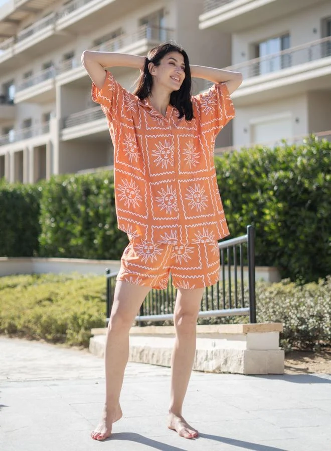 Sanskrutihomes  Womens Rust Rayon Geometric Print Short Sleeve Shirt and Shorts Pajama Set for Women | Best Price UAE