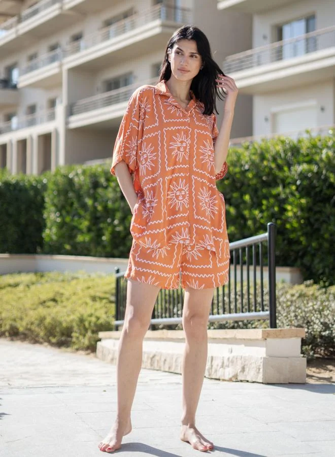 Sanskrutihomes  Womens Rust Rayon Geometric Print Short Sleeve Shirt and Shorts Pajama Set for Women | Best Price UAE