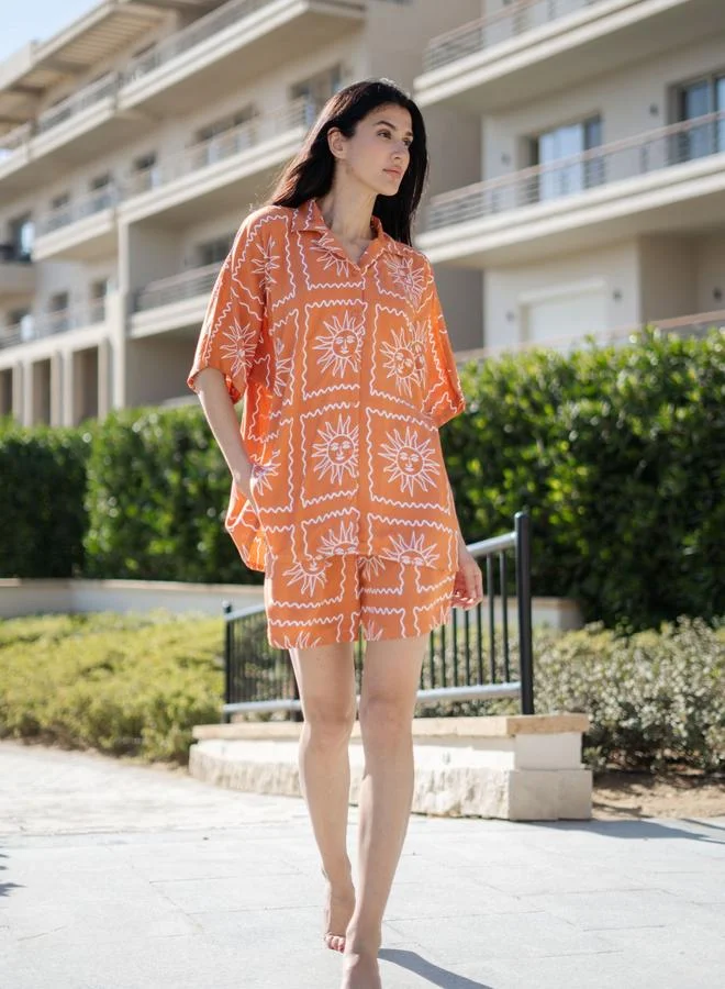Sanskrutihomes  Womens Rust Rayon Geometric Print Short Sleeve Shirt and Shorts Pajama Set for Women | Best Price UAE