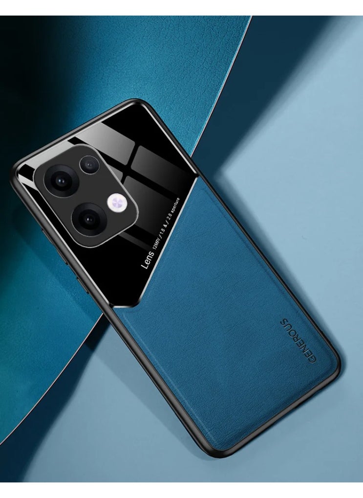 Generic Case Compatible With Oppo Reno 13 5G Cover Luxury Leather And Glass With Car Magnetic Holder Phone Cover Soft Frame Silicone - Blue  - Image 1