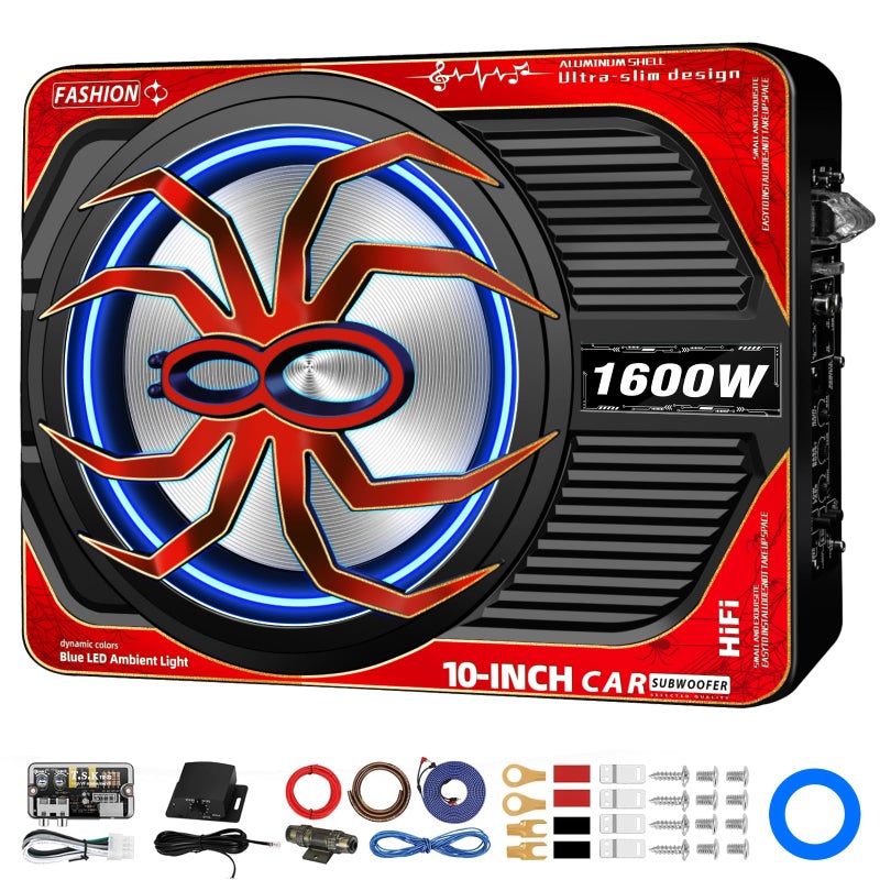 TZGBASS 1600W Slim Under Seat Subwoofer and Amp Package, Powered Car Subwoofer with Built-in Amp, Subsonic Deep Bass, LED Switch Control, High-Excursion Underseat Subwoofer for Truck/Car Audio Systems - Image 1