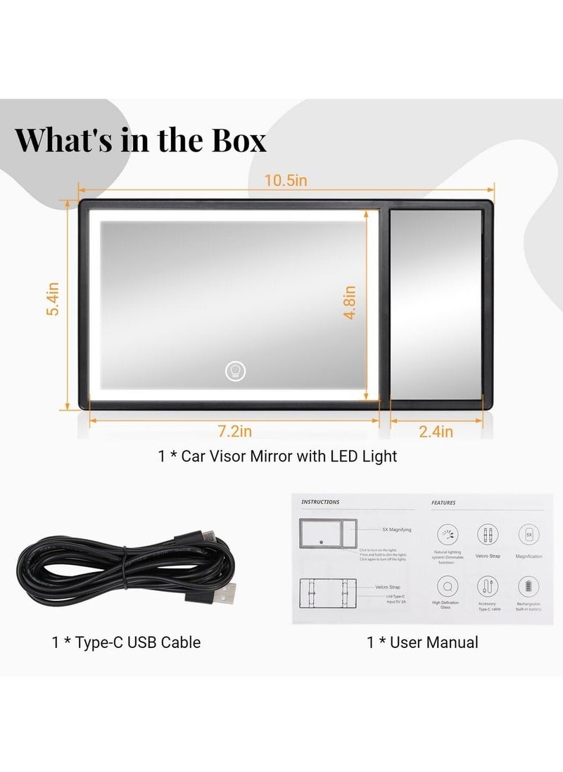 Car Sun Visor Vanity Mirror, Car Visor LED Makeup Mirror, Rechargeable Car Visor Vanity Mirror, with 5X Magnifying, 3 Light Modes and 62 LEDs Function, Universal for Car with Dimmable Fill Light