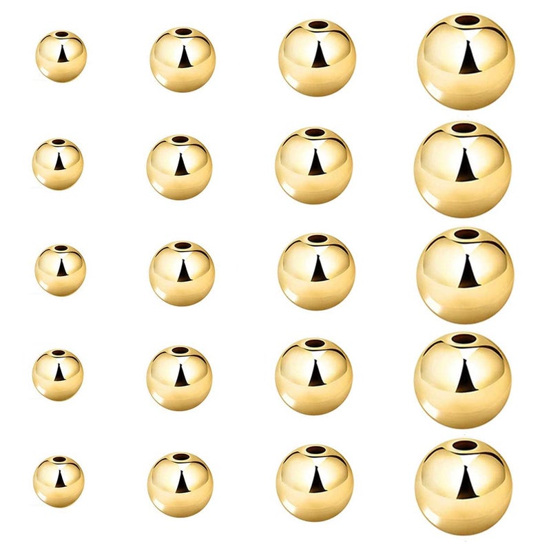 200 Pcs Mix 14K Gold Plated Beads Smooth Little Round Spacer Beads Brass LongLasting Tarnish Resistant Seamless Loose Beads for DIY Bracelet Jewelry Making 3456MMGold