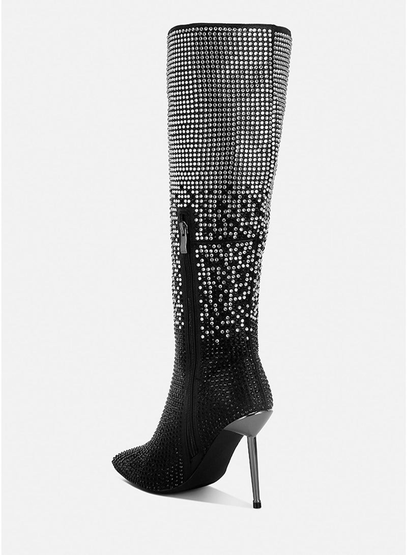 London Rag Shiny Rhinestone Studded Calf Boots in Black - Image 3