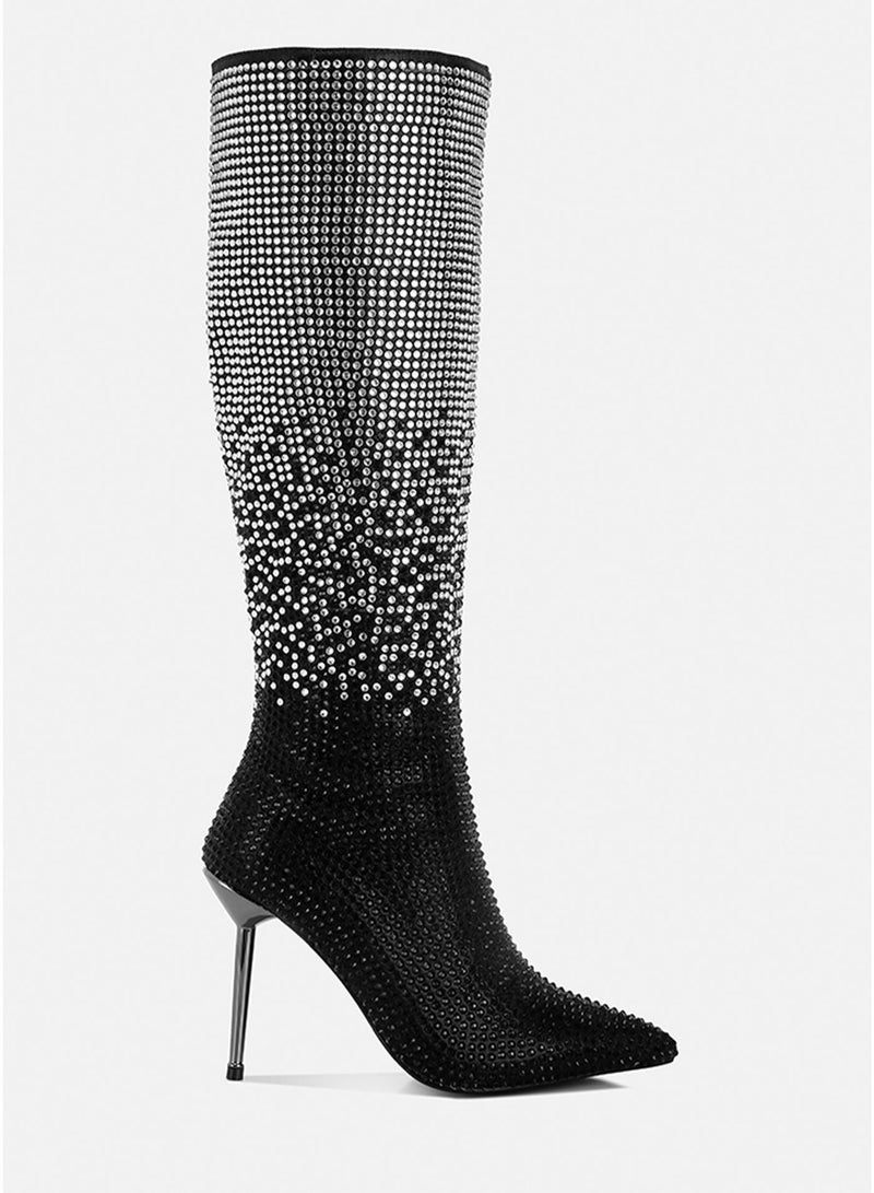 London Rag Shiny Rhinestone Studded Calf Boots in Black - Image 1