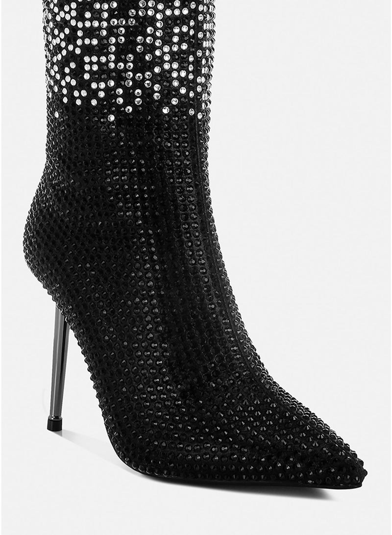 London Rag Shiny Rhinestone Studded Calf Boots in Black - Image 4
