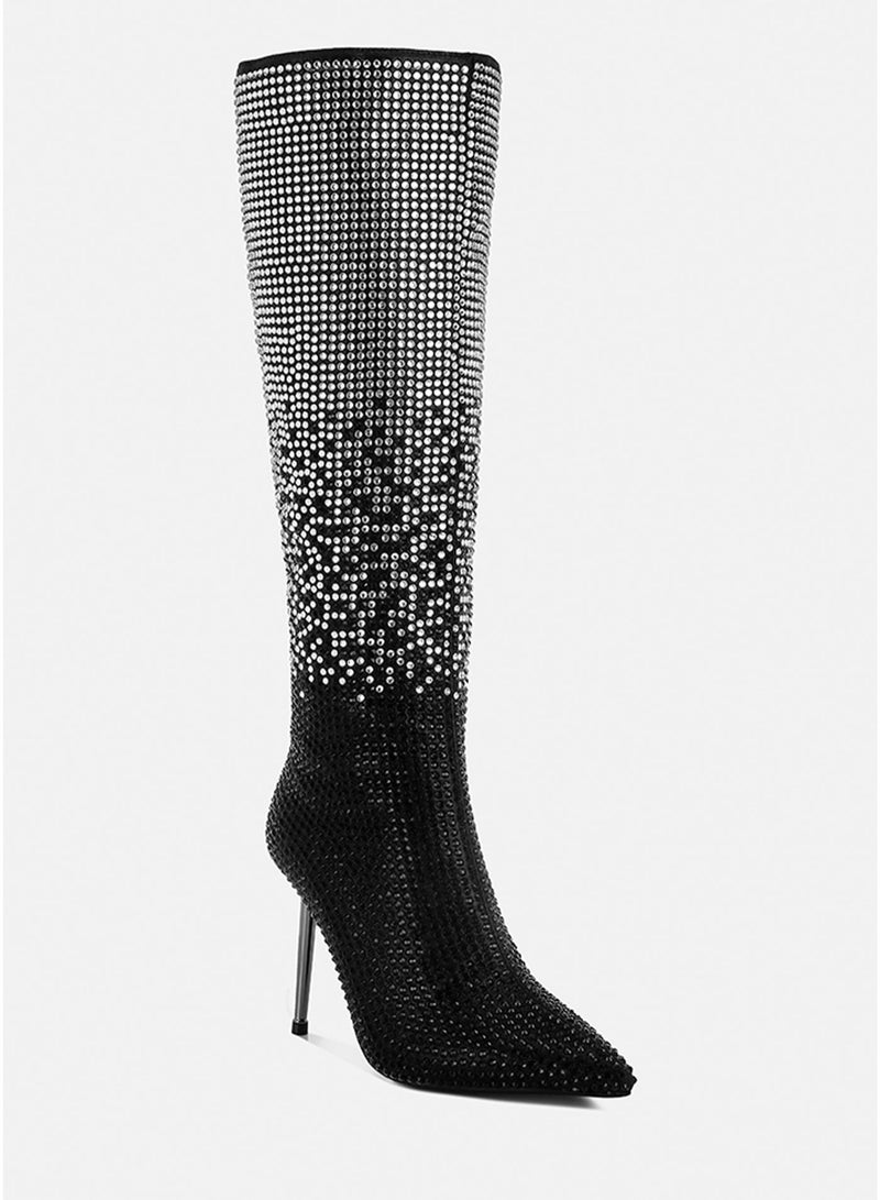 London Rag Shiny Rhinestone Studded Calf Boots in Black - Image 2