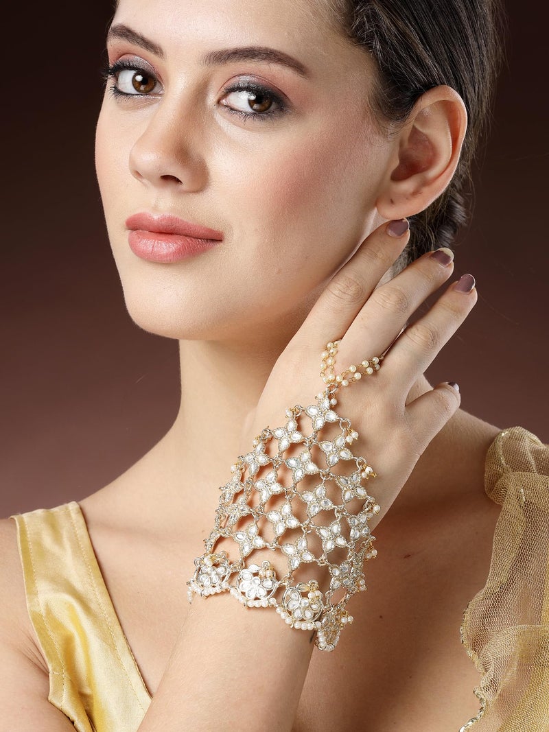 Karatcart Gold Plated Floral Kundan Hathphool for Women - Image 2