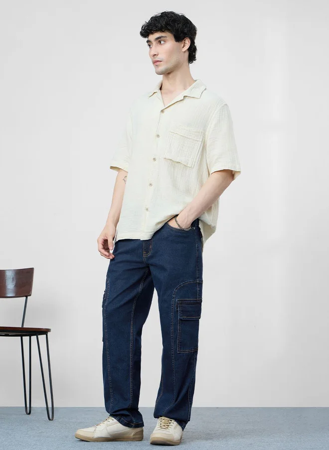 The Souled Store  The Souled Store Men Straight Fit Solid Blue Cargo Jeans  | Best Price UAE