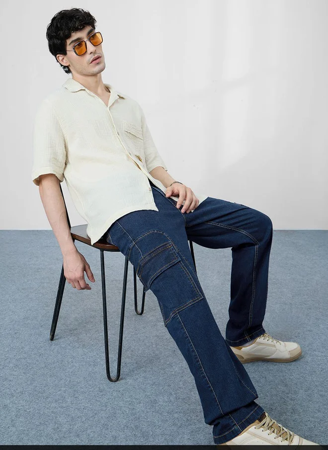 The Souled Store The Souled Store Men Straight Fit Solid Blue Cargo Jeans