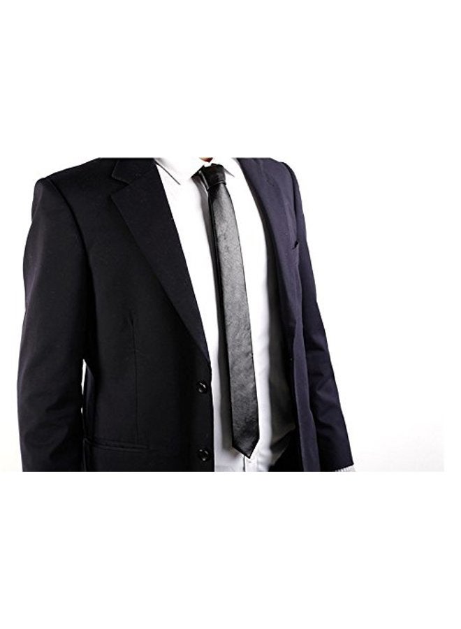 Hello Tie Men's Skinny Tie Handmade PU Leather Black Narrow Necktie - Image 3