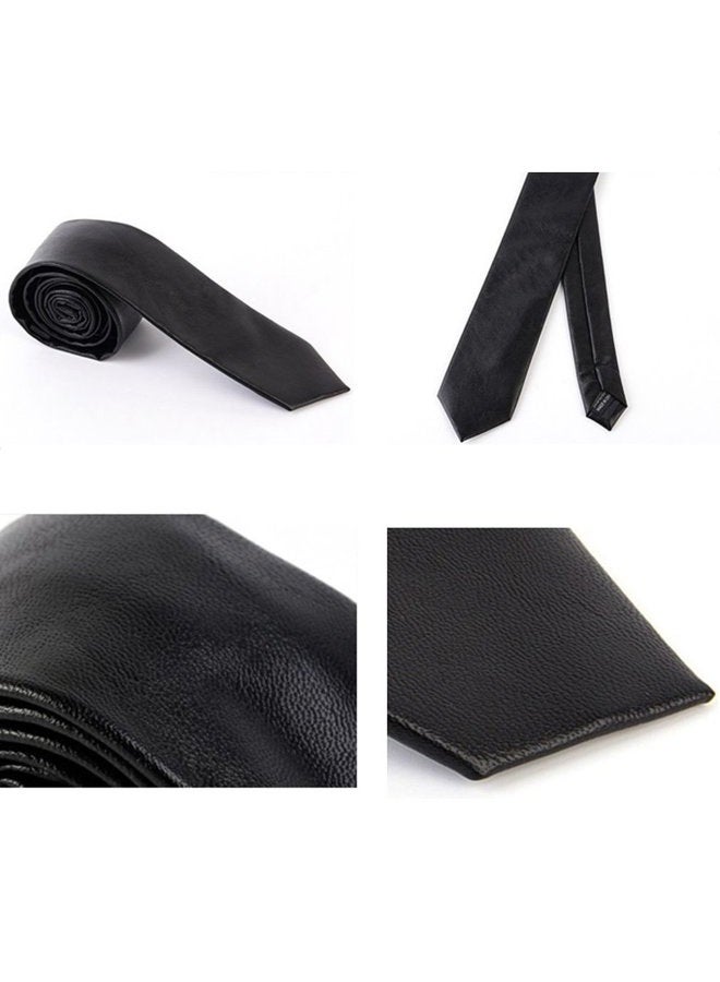 Hello Tie Men's Skinny Tie Handmade PU Leather Black Narrow Necktie - Image 4