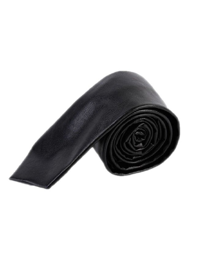 Hello Tie Men's Skinny Tie Handmade PU Leather Black Narrow Necktie - Image 1