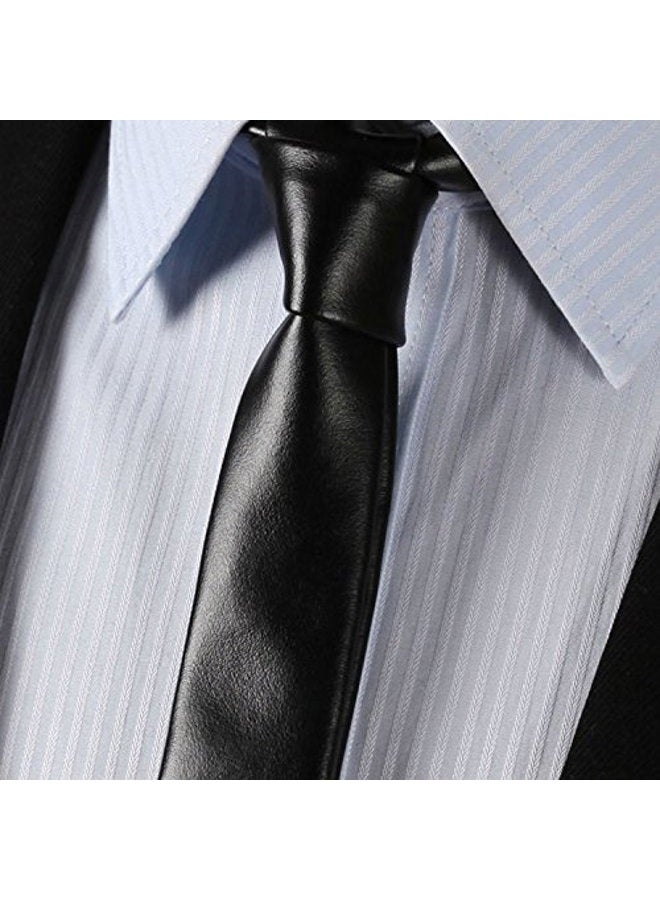 Hello Tie Men's Skinny Tie Handmade PU Leather Black Narrow Necktie - Image 2