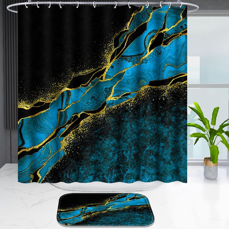 Poedist 4 Pcs Gold Edge Marble Bathroom Shower Curtain Set, Bathroom Sets with Shower Curtain and Rugs(Bath Mat,U Shape and Toilet Lid Cover Mat) and 12 Hooks-Sky Blue - Image 2