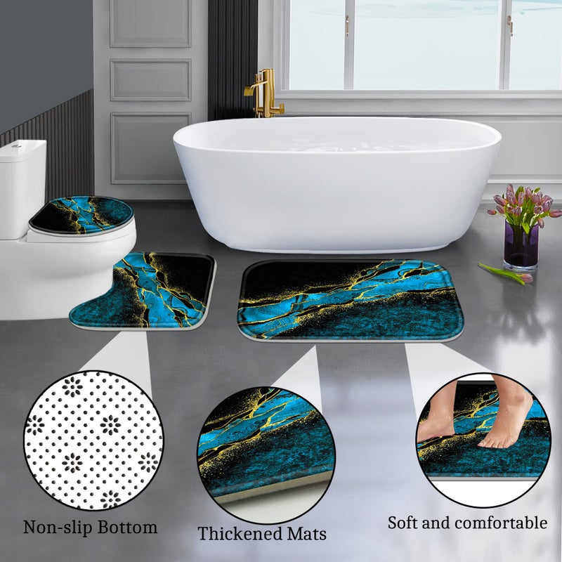 Poedist 4 Pcs Gold Edge Marble Bathroom Shower Curtain Set, Bathroom Sets with Shower Curtain and Rugs(Bath Mat,U Shape and Toilet Lid Cover Mat) and 12 Hooks-Sky Blue - Image 4