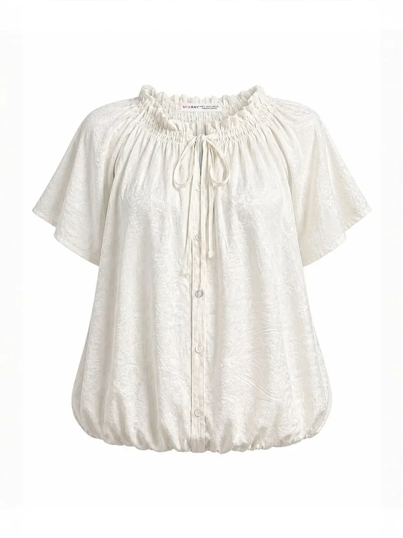 MIXRAY Paisley Print Crew Neck Blouse with Tie Detail