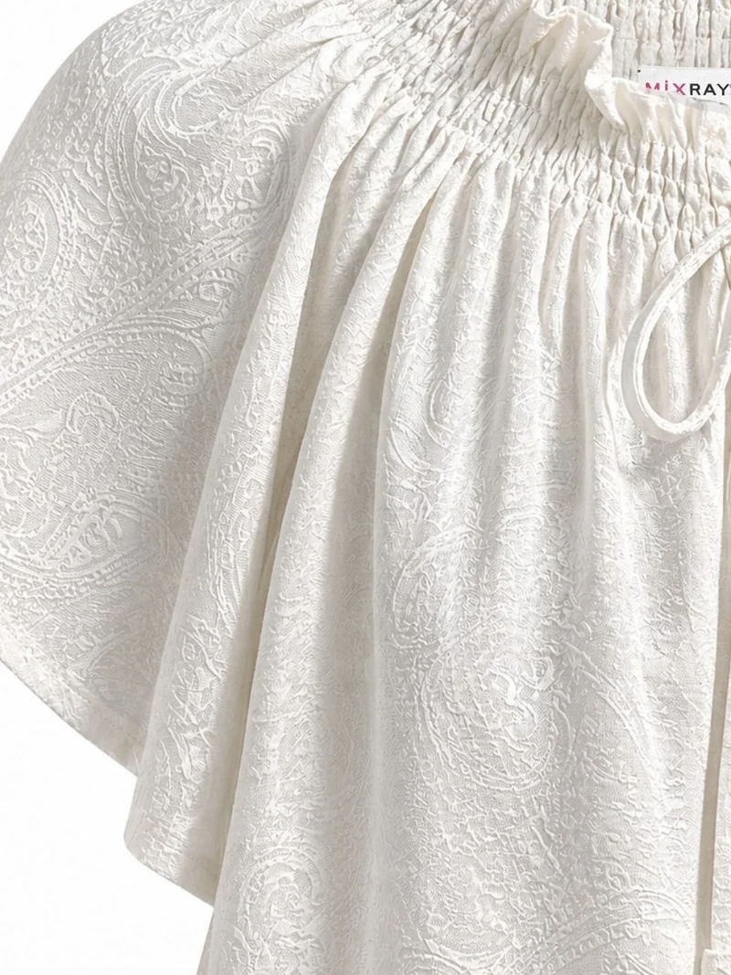 Mixray Ivory Natural MIXRAY Paisley Print Crew Neck Blouse with Tie Detail for Women | Best Price UAE