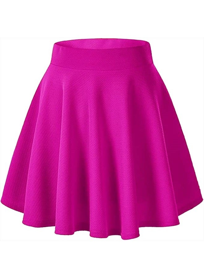 STAR FASHION Womens Basic Solid Versatile Stretchy Flared Tartan Casual Mini Skater Skirt Ladies A-Line Mini Flowy Skirt Fuchsia Small
