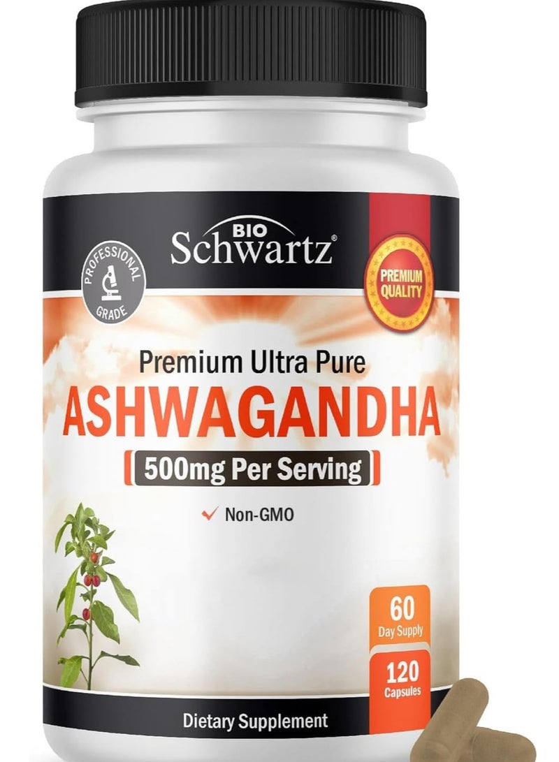 بيو شوارتز أشواغاندا ٥٠٠ ملغ لكل حصة ١٢٠ كبسولة ٦٠ حصة - Image 1