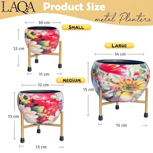 LAQA Metal Indoor Planter Plants Pot for Home Decor Pastel Floral Design with Stand Set of 3 (NO Plant Included) - Image 2