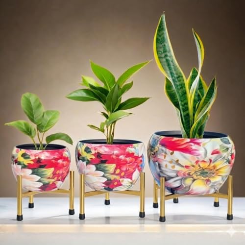 LAQA Metal Indoor Planter Plants Pot for Home Decor Pastel Floral Design with Stand Set of 3 (NO Plant Included) - Image 4