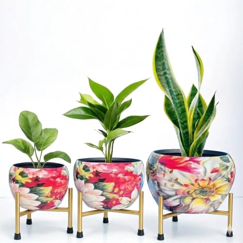 LAQA Metal Indoor Planter Plants Pot for Home Decor Pastel Floral Design with Stand Set of 3 (NO Plant Included) - Image 1
