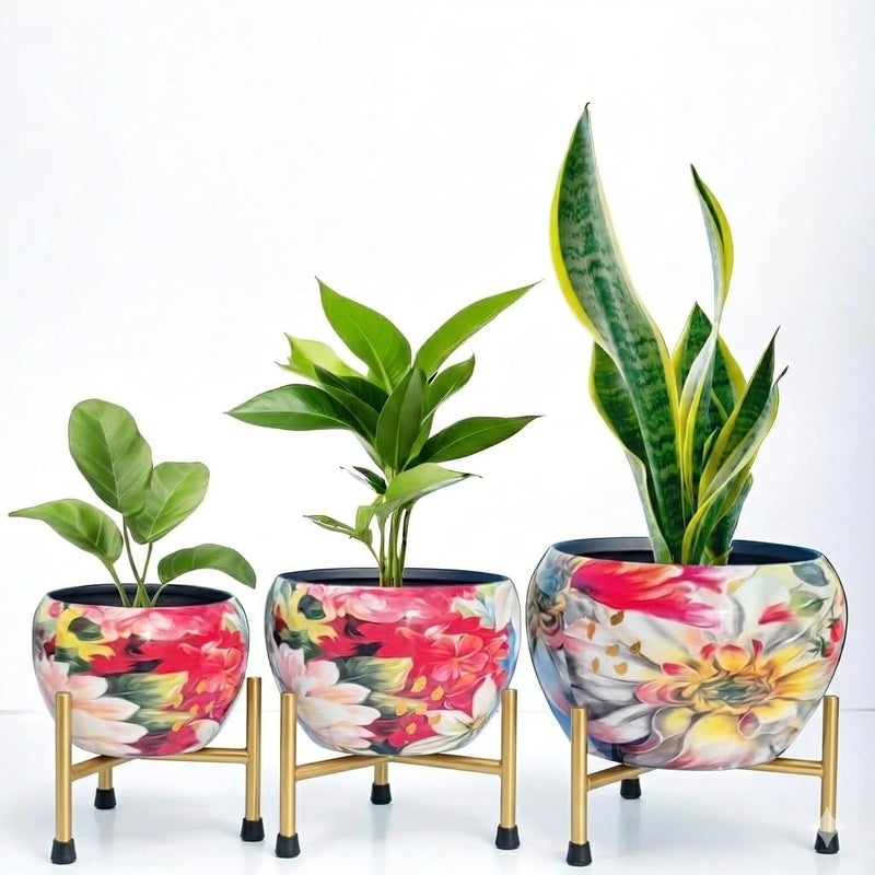 LAQA Metal Indoor Planter Plants Pot for Home Decor Pastel Floral Design with Stand Set of 3 (NO Plant Included) - Image 5