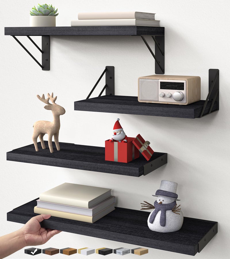 BAYKA Wall Mounted Floating Shelves, Wood Floating Wall Shelf for Books & Decor, Small Space-Saving Display & Organizer（Black，Set of 4） - Image 1