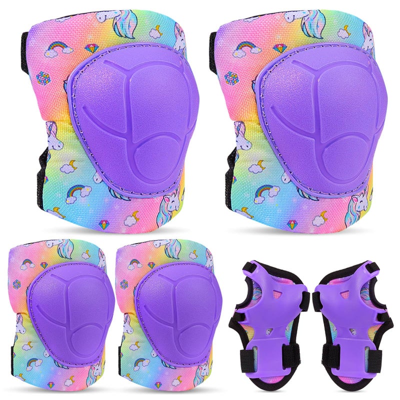 FIODAY Knee Pads for Kids Protective Gear Set Adjustable Kids Knee Pads and Elbow Pads with Wrist Guard for Girls Roller Skates Cycling Bike Skateboard Scooter Knee Pads, 3-8 Years,Rainbow Unicorn - Image 1