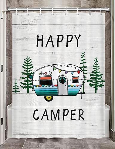 Viajar RV Shower Curtain Rustic Wood Happy Camper Shower Curtain for Travel Trailers Camping Bath Curtains Small Size Bathroom Accessories Set with Hooks 47X64