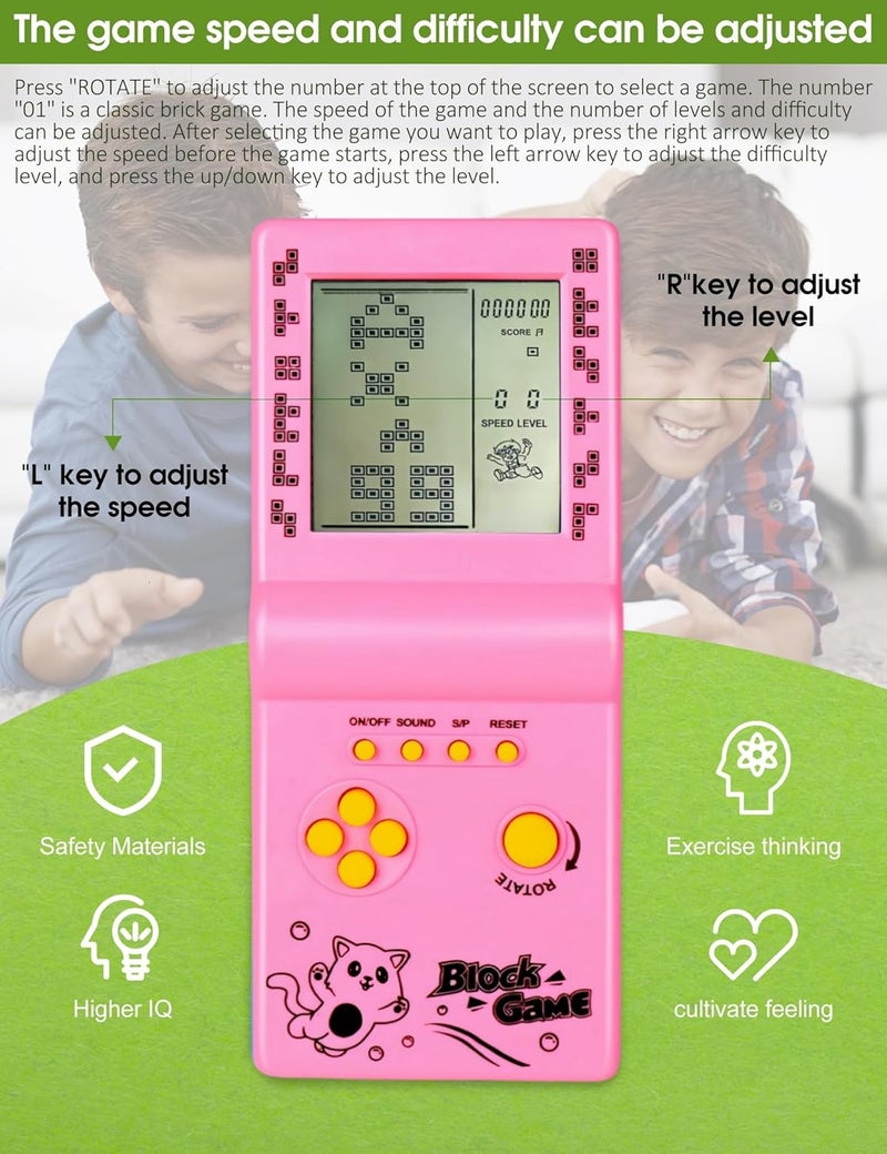 HLF 3.5-inch Large Screen Brick Game Console Building Block Racing/Tank Game Built-in 26 Classic Games Nostalgic Puzzle (Pink) - Image 4